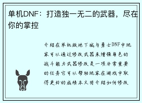单机DNF：打造独一无二的武器，尽在你的掌控