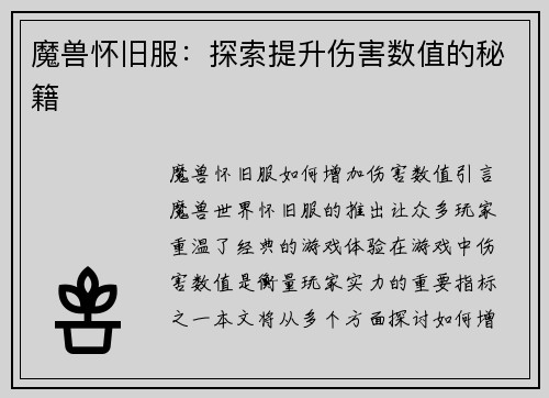 魔兽怀旧服：探索提升伤害数值的秘籍